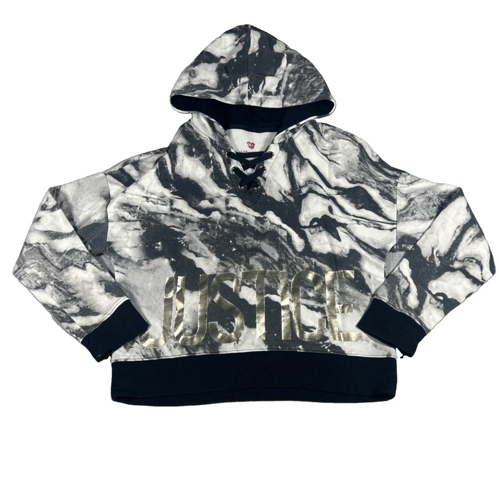 Justice Pullover Hoodie Girls Size 14/16 Marbled Tie Dye Lace Up Black Grey
